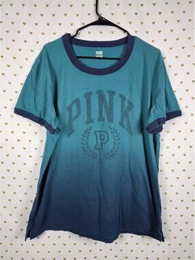 Victorias Secret PINK XL Gradient Ringer Logo Tee Shirt Green Blue